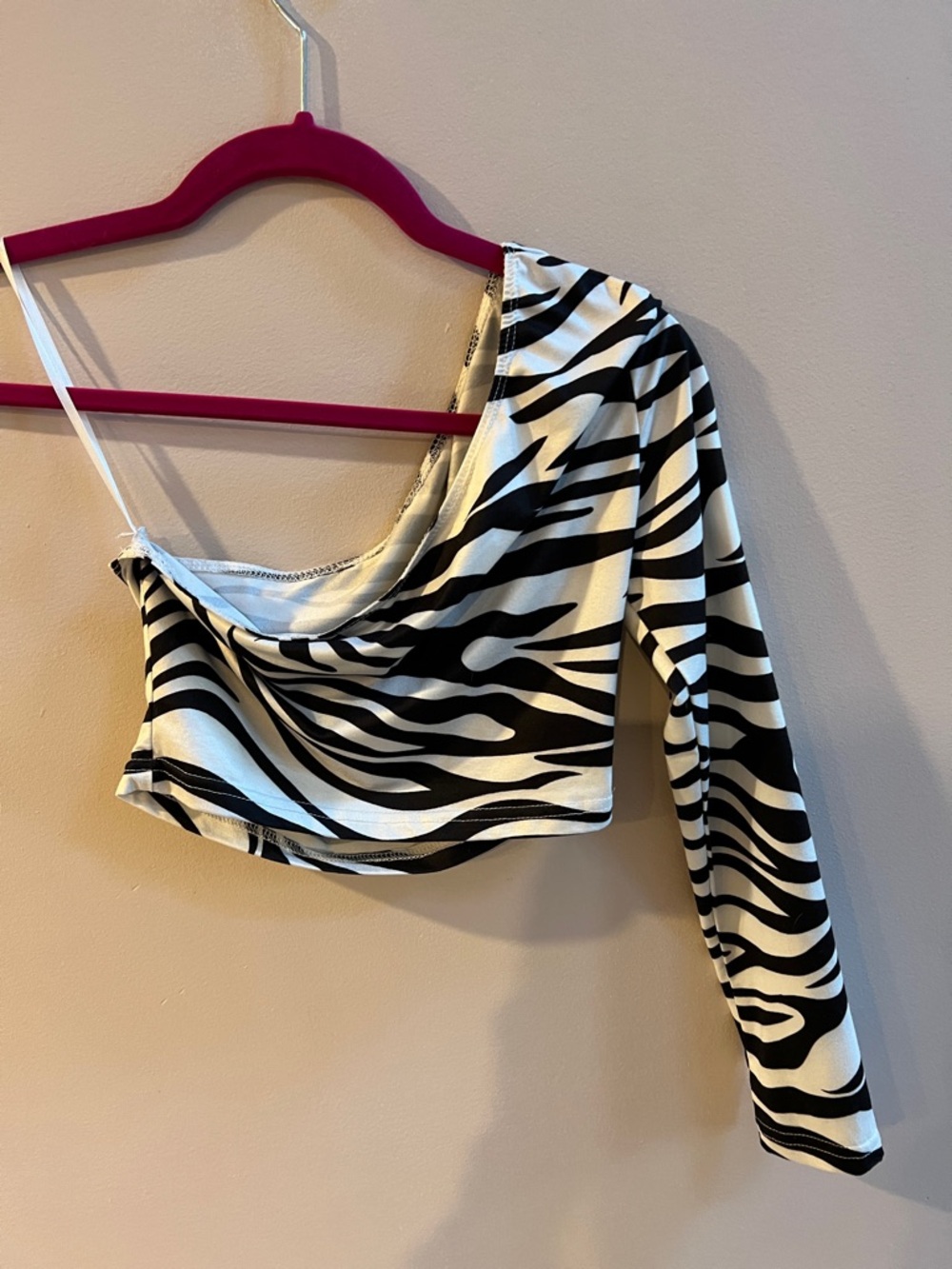 Zebra Print One-Shoulder Crop Top - Black & White Zebra Size Small